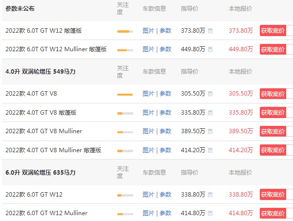 宾利欧陆GT落地多少钱 2022款欧陆GT落地448万(顶配414万)