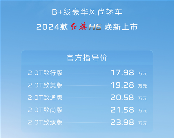 凯美瑞国产强敌！2024款红旗H6上市：17.98万元起